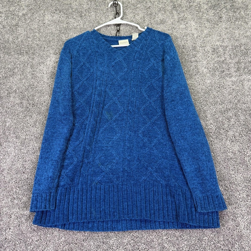 Classic Elements Sweater Tunic Womens M Blue Cable Knit V Neck Pullover Casual
